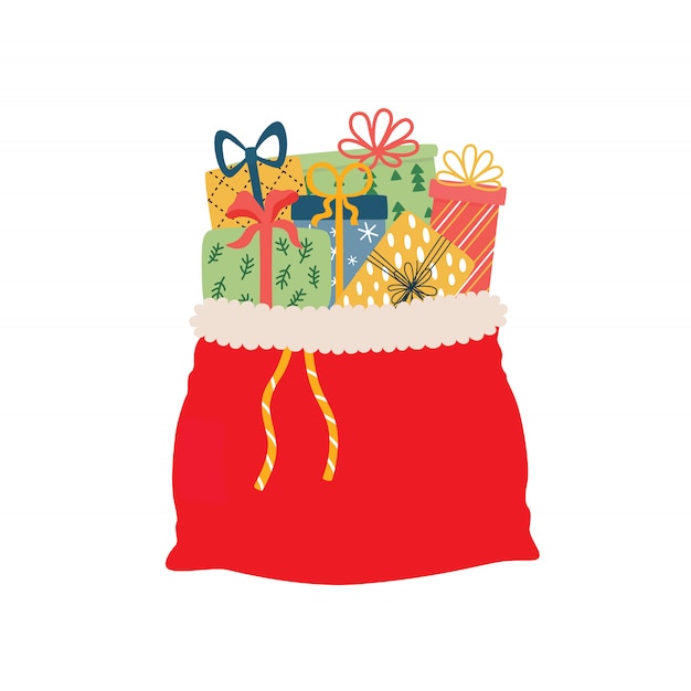 Abra la bolsa roja llena de ilustración de regalos de Navidad