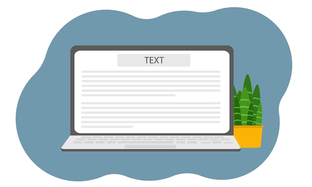 Abra la computadora portátil con el teclado. Hay texto en la pantalla. Concepto de escritura de texto. Ilustración plana vectorial