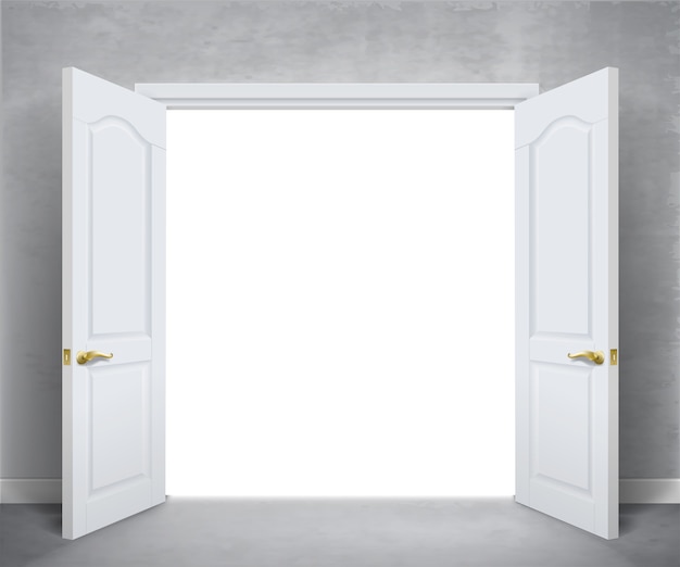 Vector abra las puertas dobles blancas. pared blanca