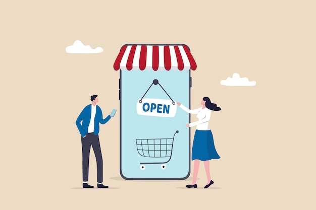 Abra la tienda en línea o el sitio web de la tienda para que el comercio electrónico venda el concepto de producto, la empresaria voltea el letrero abierto en la tienda en línea del sitio web móvil con el cliente esperando para comprar productos minoristas.