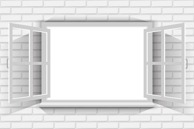 Vector abra la ventana blanca en la pared de ladrillo con fondo blanco en blanco copie el espacio para su diseño