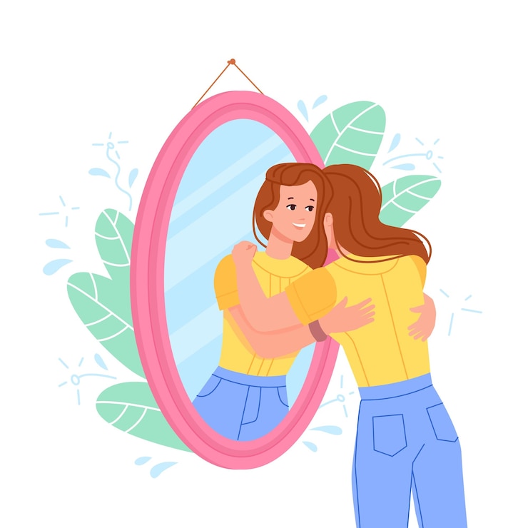 Vector abrazarse a uno mismo en el espejo modelo de mujer abrazando su propio reflejo estima aceptarse cuerpo y alma concepto orgulloso adolescente amor motivación positiva llévame apoyo ilustración vectorial