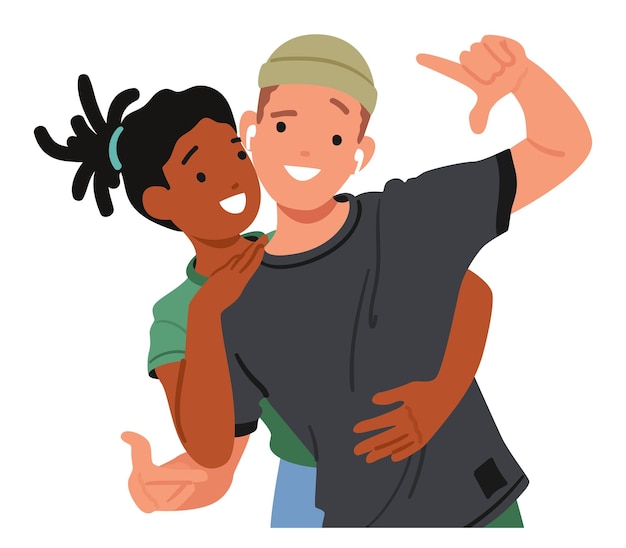 Abrazo inocente, niño y niña comparten un cálido abrazo, sonrisas intercambiadas, flores de amistad en un tierno momento de conexión genuina, adolescentes, hombres y mujeres, amigos, personajes, dibujos animados, personas, vector, ilustración