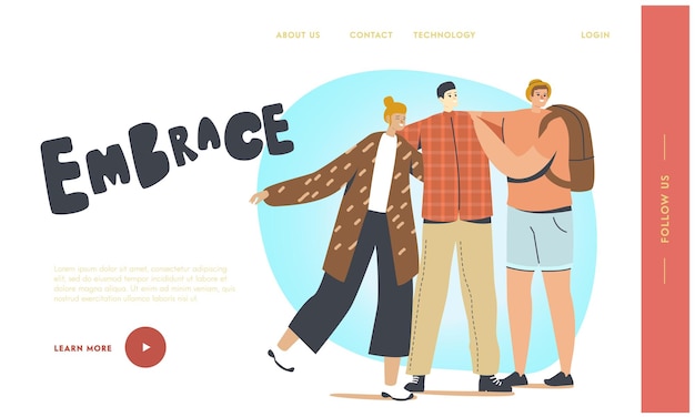 Abrazos, abrazar con la plantilla de página de inicio de amigos. Diversos personajes masculinos o femeninos se paran en fila abrazándose unos a otros. Celebración del Día Internacional de la Amistad, Paz. caricatura, gente, vector, ilustración
