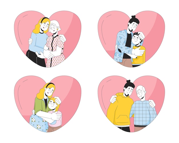 Abrazos familiares caucásicos en forma de corazón set de personajes de dibujos animados lineales en 2D