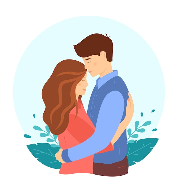 Abrazos lindos y concepto de apoyo una pareja joven feliz ilustración de vector lindo en un estilo plano