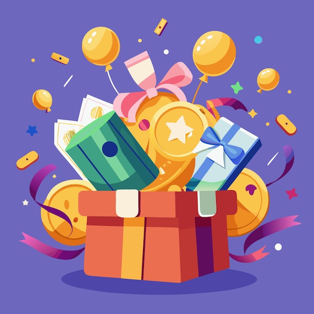 Abre una caja de regalos con confeti y globos llenos de dinero un regalo una medalla y cintas