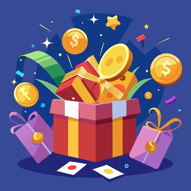 Abre una caja de regalos llena de monedas de oro y dinero en efectivo