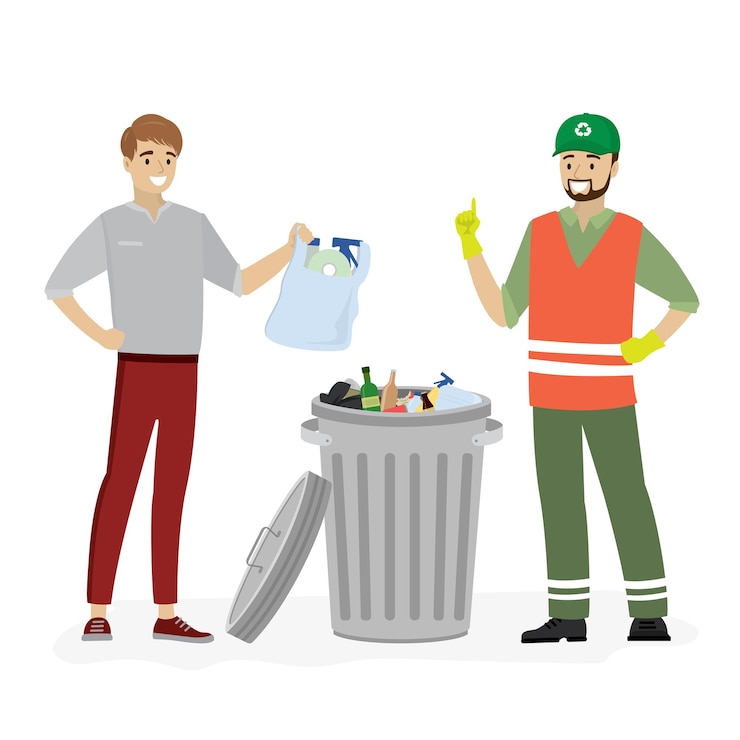 Vector abre un contenedor de basura de metal con basura un joven lanza una bolsa con basura y un colector de basura feliz