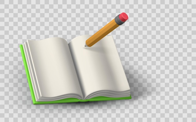 Abre un libro con lápiz en un fondo transparente con estilo realista en 3D