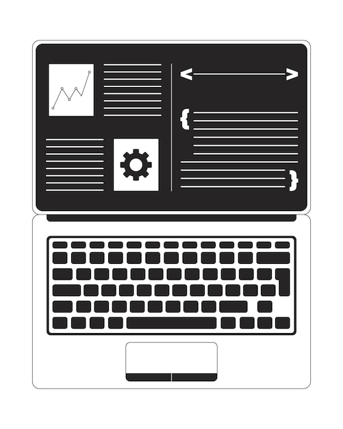 Abre la pantalla del portátil con software de programación de objeto de línea 2D en blanco y negro