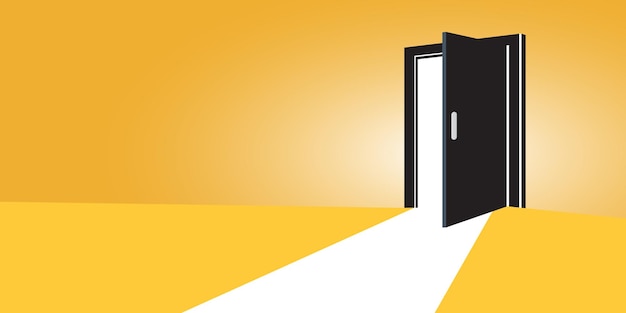Abre la puerta con icono de luz en estilo plano Ilustración vectorial de la habitación oscura en un fondo aislado Concepto de negocio de letrero de entrada de la puerta