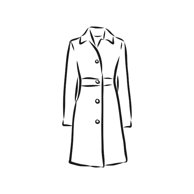 Abrigo de mujer, boceto plano de moda. Abrigo de mujer dibujo técnico, ilustración de dibujo vectorial