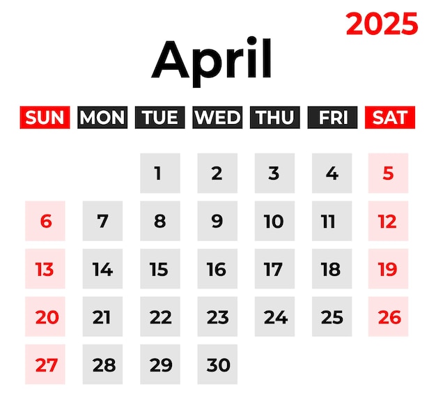 Abril 2025 Semana de diseño del calendario mensual comienza el domingo