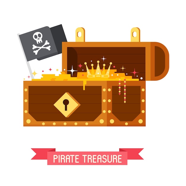 Vector abrió el cofre del tesoro pirata con la bandera de jolly roger con cráneo y huesos cruzados. caja de oro llena de ilustraciones vectoriales de monedas.