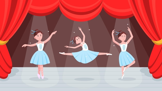 Abrir cortinas rojas teatro o escena de baile de ballet con precios cortinas paisaje y 3 jóvenes hermosos