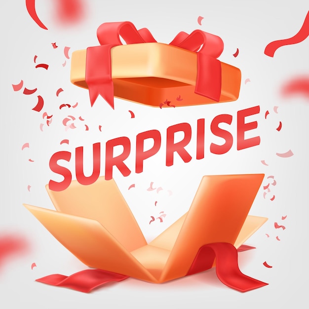 Abrir sorpresa venta 3d caja de regalo oferta de descuento navidad cumpleaños presente paquete cinta roja caída boom confeti banner abrigo arco feliz día celebración ordenado vector ilustración