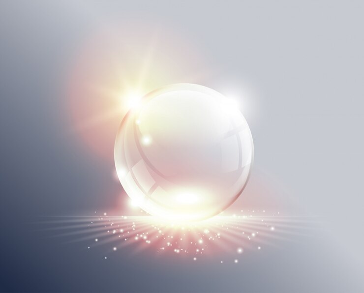 Vector absctract fondo. esfera de cristal transparente al amanecer. bola con luces suaves