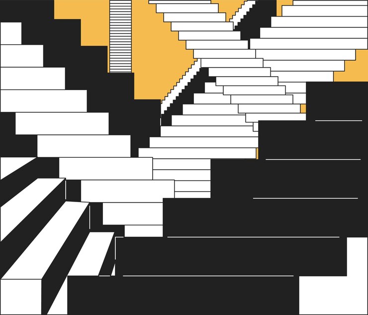 Abstracción del laberinto de escaleras en blanco y negro concepto de ilustración 2D Misterio arquitectura geométrica escena de contorno de dibujos animados aislada metáfora de construcción de escaleras surrealista arte vectorial monocromo