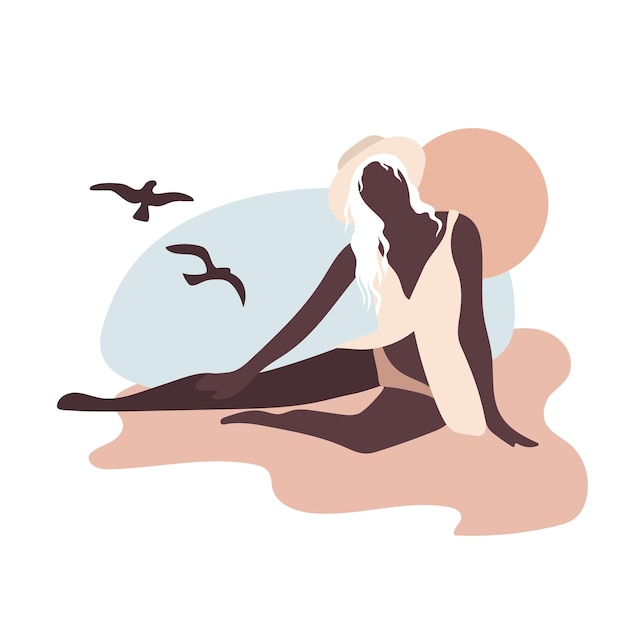 Abstracción de mujer y mar y pájaros en ilustraciones minimalistas vectoriales beige