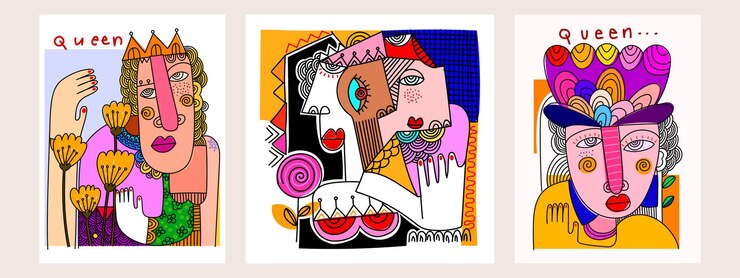 Vector abstracción de retratos de caras formas geométricas y dibujos a mano ilustraciones de arte vectorial de pared