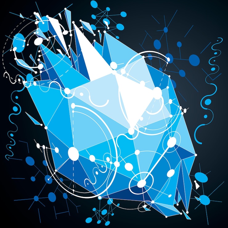 Vector abstracción técnica creada con elementos de estilo bauhaus y objeto fragmentado de baja poli con diferentes partículas asimétricas. la composición geométrica moderna se puede utilizar como plantillas y diseños.