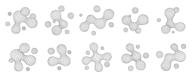 Abstract 3D metaball wireframe shapes Geometric mesh liquid blobs connected cell form grid structures and polygonal digital molecule forms Futuristic metaballs vector set with editable stroke path