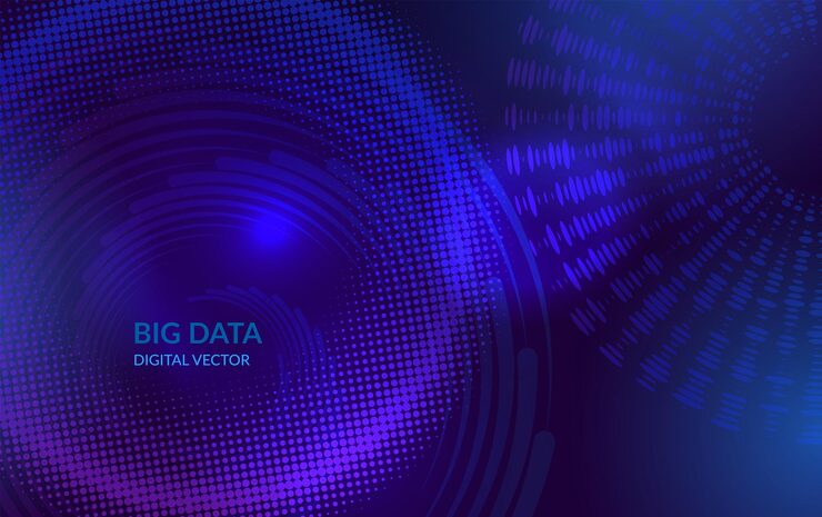 Vector abstract big data technology background digital vector with blue and purple halftone circles and stars pattern futuristic it artificial intelligence blockchain data flow network and analytics