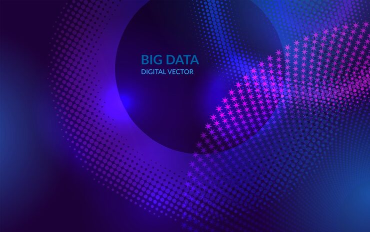 Vector abstract big data technology background digital vector with blue and purple halftone circles and stars pattern futuristic it artificial intelligence blockchain data flow network and analytics