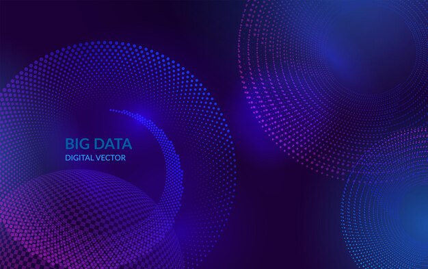 Abstract big data technology background digital vector with blue and purple halftone circles and stars pattern futuristic IT artificial intelligence blockchain data flow network and analytics