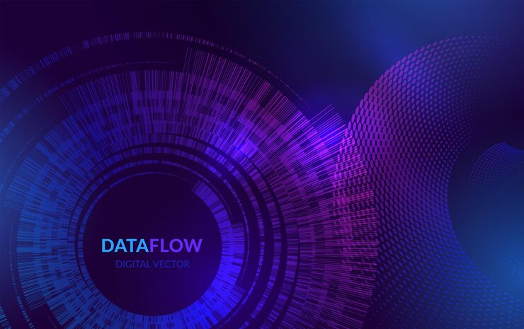 Vector abstract big data technology background digital vector with blue and purple halftone circles and stars pattern futuristic it artificial intelligence blockchain data flow network and analytics