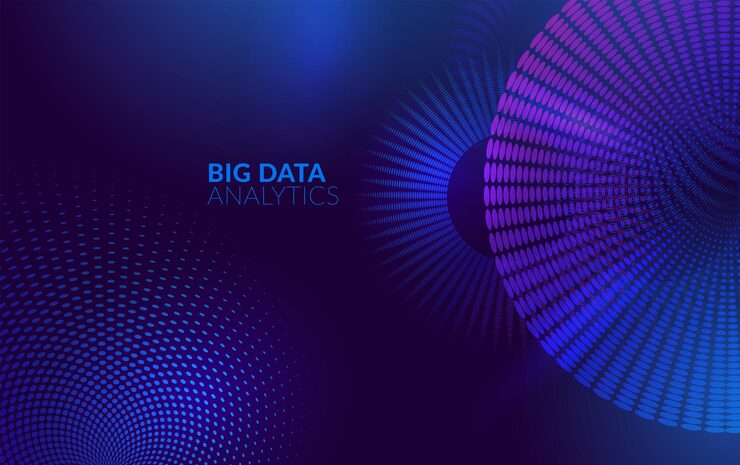 Vector abstract big data technology background digital vector with blue and purple halftone circles and stars pattern futuristic it artificial intelligence blockchain data flow network and analytics