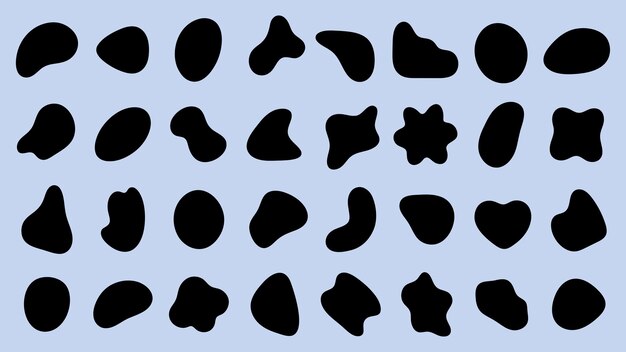Abstract black shapes on a light blue background Various shapes include circles ovals and irregular forms Shapes create a modern abstract pattern Black shape vector set