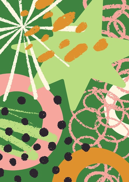 Abstract card in doodle scribble style Modern poster design with random splatter blobs spots brushstroke in mess Creative dynamic funky pattern background texture Flat vector illustration