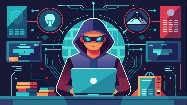 Vector abstract hacker detrás del holograma del monitor con diseño de ilustración vectorial de código de programador