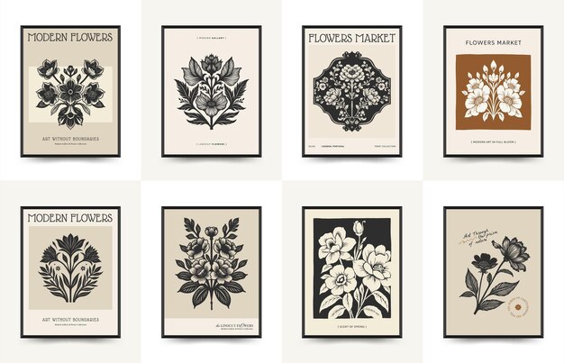 Abstract linocut floral posters template Modern trendy minimal style colors Botanical blockprint
