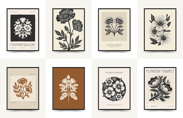 Abstract linocut floral posters template Modern trendy minimal style colors Botanical blockprint