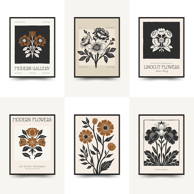 Abstract linocut floral posters template Modern trendy minimal style colors Botanical blockprint