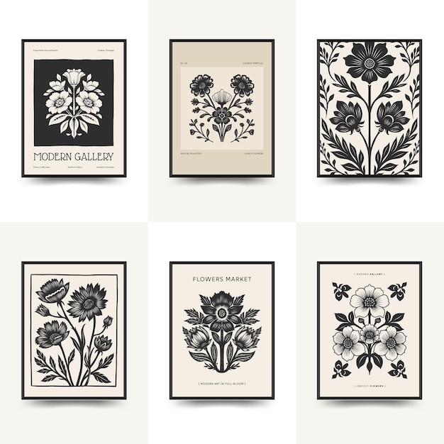 Abstract linocut floral posters template Modern trendy minimal style colors Botanical blockprint