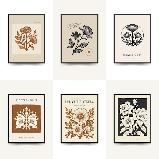Abstract linocut floral posters template Modern trendy minimal style colors Botanical blockprint
