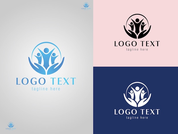Abstract Logotipo de cuidado familiar con manos protectoras y figuras humanas