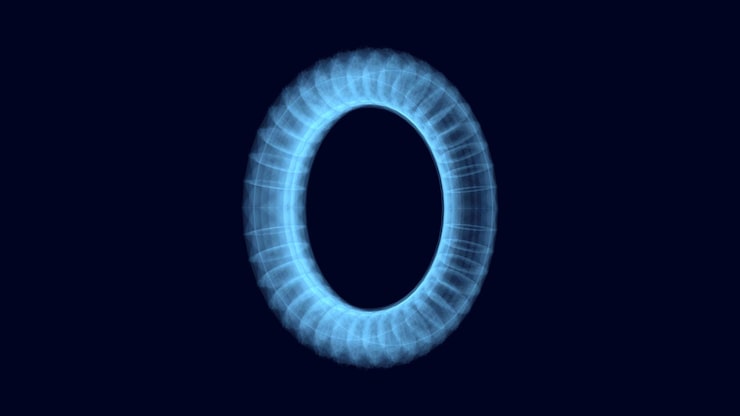 Vector abstract torus with blue dots and lines 3d futuristic vector geometric wireframe shape technology network connection big data science background twist objects in dark cyberspace