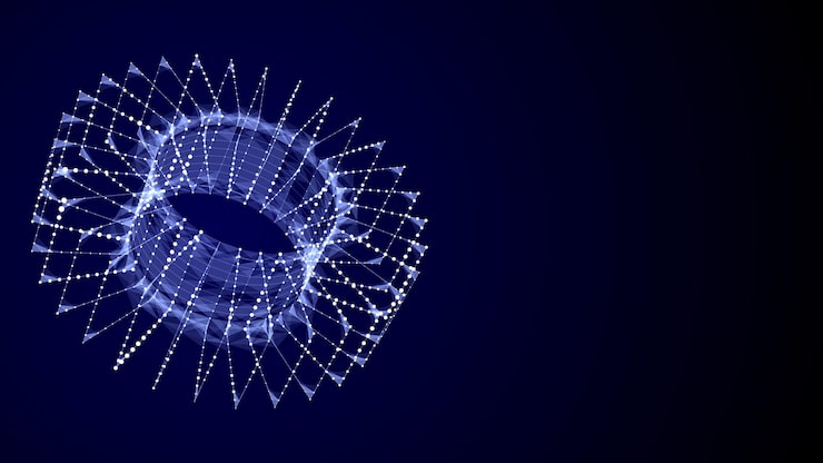 Vector abstract torus with blue dots and lines 3d futuristic vector geometric wireframe shape technology network connection big data science background twist objects in dark cyberspace