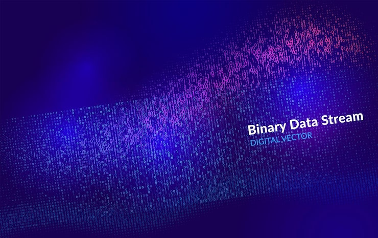 Vector abstract visualization of binary data flow with glowing light lines suitable for ai machine learning and modern data management system design