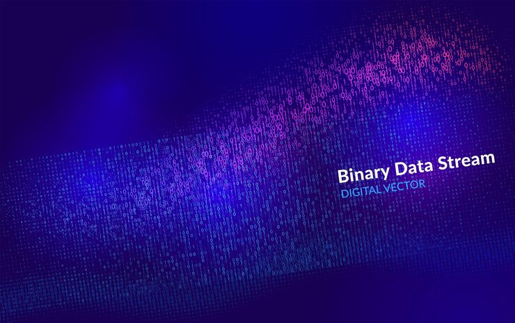 Vector abstract visualization of binary data flow with glowing light lines suitable for ai machine learning and modern data management system design