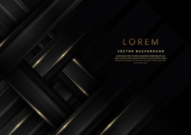Abstracto 3D gris y negro lujo geométrico diagonal superpuesta fondo negro brillante con líneas dorado brillante con espacio de copia para el texto