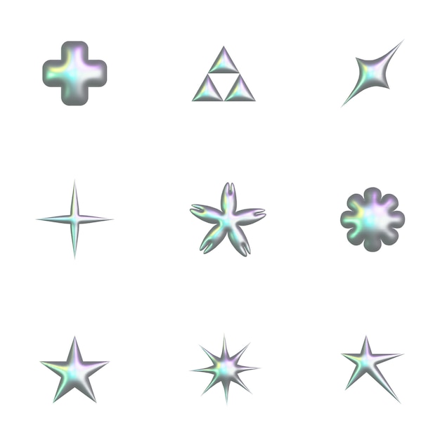 Abstracto 3d metal holográfico elementos y2k conjunto de estrellas flores y otras formas geométricas simples