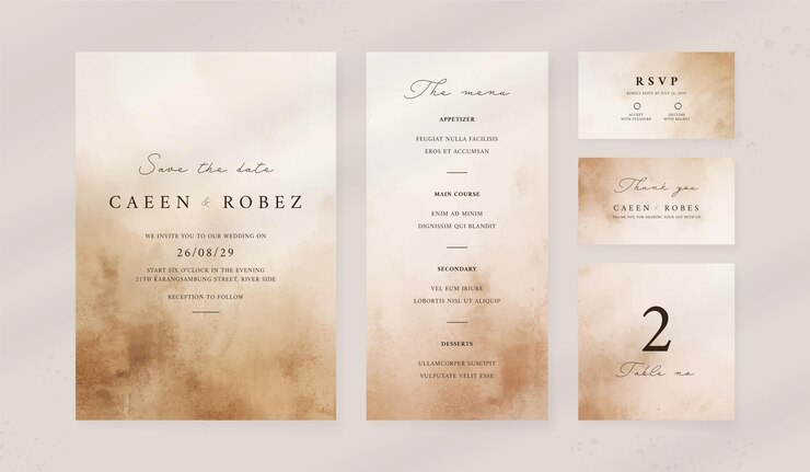 Vector abstracto acuarela plantilla de invitación de boda conjunto de papelería de boda tarjeta de lujo y cartel impreso