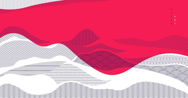 Abstracto arte oriental japonés fondo vectorial en color rojo diseño de estilo tradicional formas onduladas y montañas terreno paisaje fluvial como líneas de mar