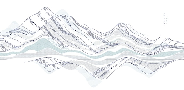 Abstracto arte oriental japonés vector fondo estilo tradicional diseño formas onduladas y montañas terreno paisaje fluvial como líneas de mar